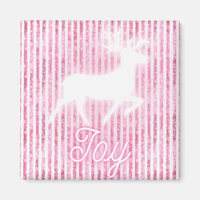 Imã Reindeer de Alegria Rosa e Branco de Natal (Frente)