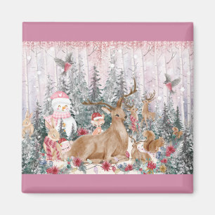Imã Reindeer de Aquarela Rosa, Snowman Feliz Natal