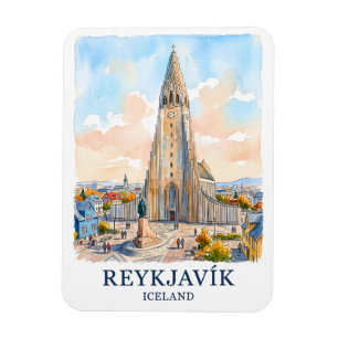 Ímã Reiquiavique Islândia Igreja Aquarela Paisagem Via