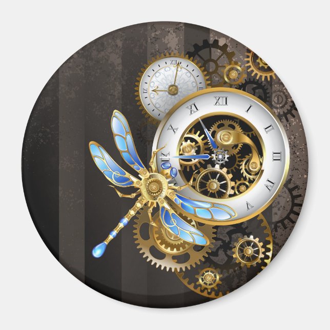 Imã Relógio Steampunk com Dragonfly Mecânica (Frente)