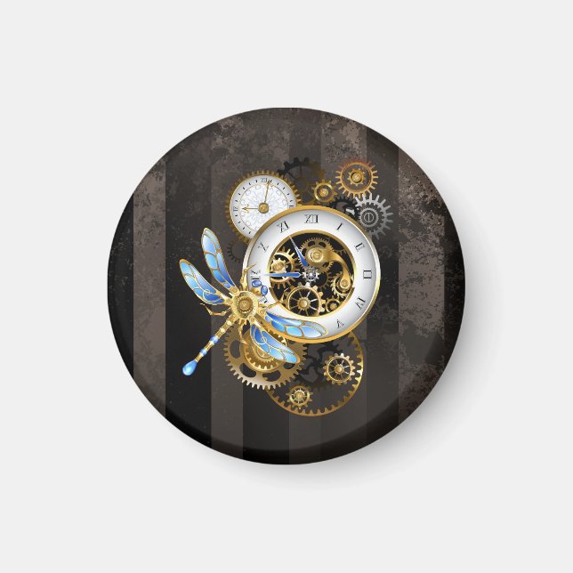 Imã Relógio Steampunk com Libélula Mecânica (Frente)