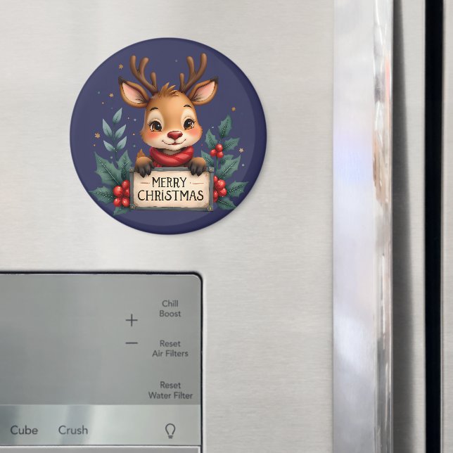 Imã Rena de Natal Fofa com Azevinho e Placa (In Situ (Fridge))