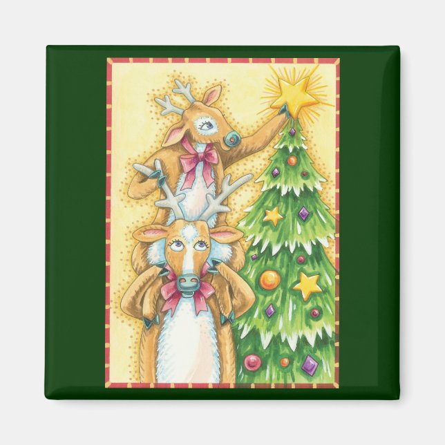 Imã Rena de Natal Fofa Com Estrela da Árvore de Natal (Frente)