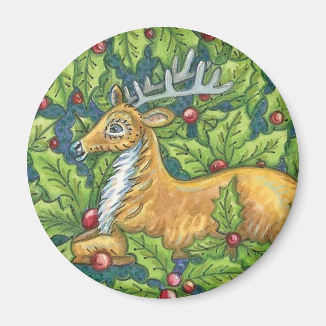 Imã Rena de Natal Fofo na Floresta com Azevinho (Frente)
