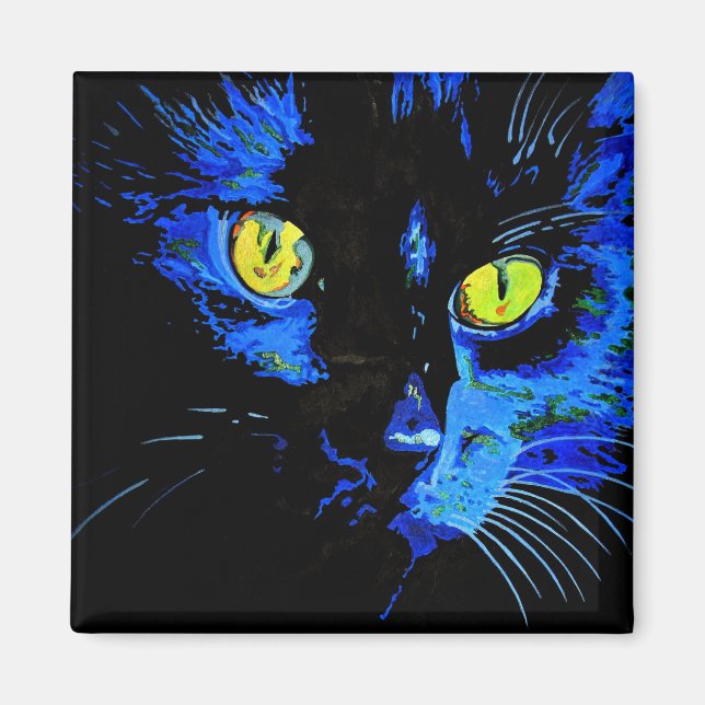 Imã Retrato Artístico De Gato Negro Com Amarelo Em Gre (Frente)