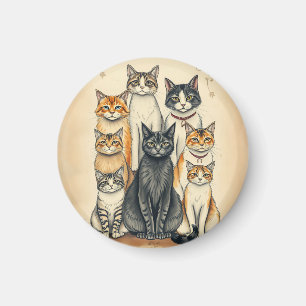 Imã Retrato da Família Cat Inspirado na Vintage