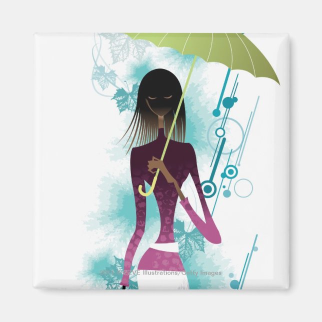 Imã Retrato da jovem segurando bolsa e guarda-chuva (Frente)