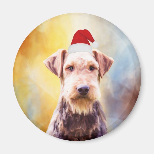 Imã Retrato de Arte Santa Hat do Cachorro Airedale (Frente)