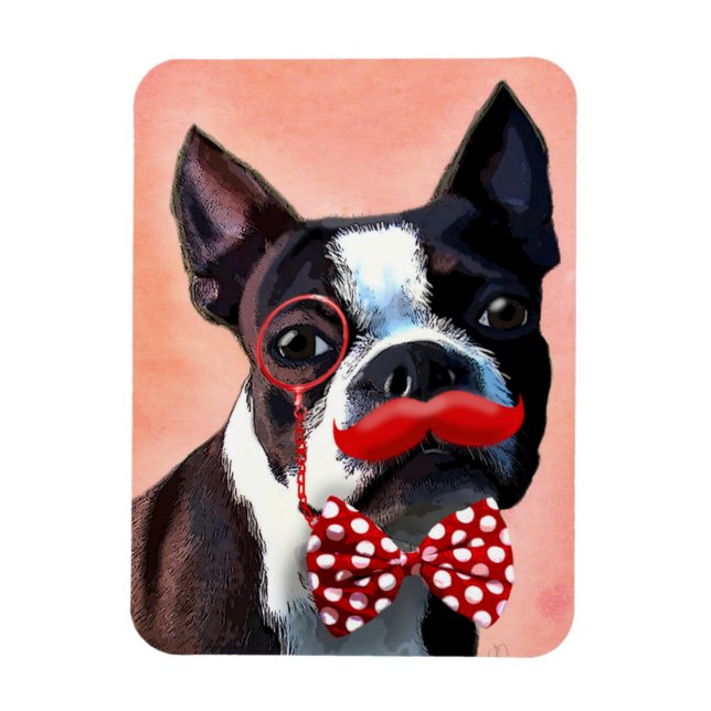 Ímã Retrato de Boston Terrier com gravata de Arco verm (Vertical)