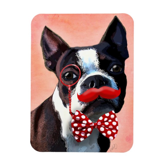 Ímã Retrato de Boston Terrier com gravata vermelha de  (Vertical)