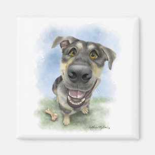 Imã Retrato de Desenho Animado de Cachorro Feliz