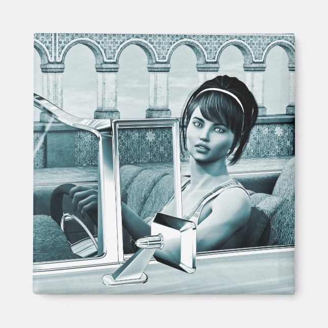 Imã Retrato de Mulher Glamour Azul Vintage (Frente)