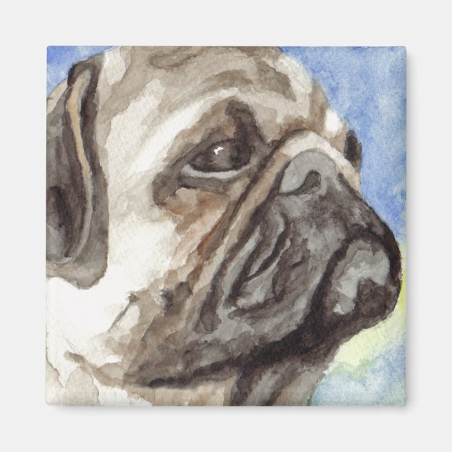 Imã Retrato em Aquarela de Pug (Frente)