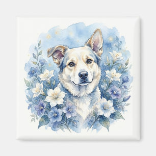Imã Retrato Floral Botânico de Cachorro em Aquarela