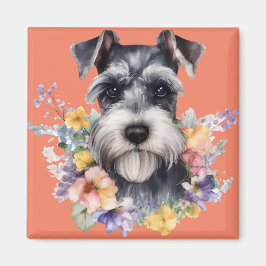 Imã Retrato Schnauzer Bonito com Flores