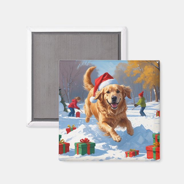 Imã Retriever ouro em neve com chapéu de Natal (Front/Back)