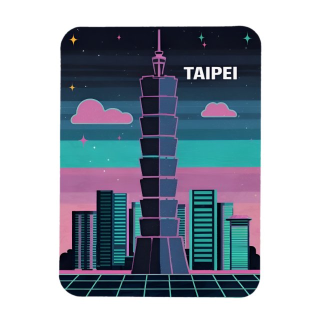 Ímã Retro 80s Neon Synthwave Taipei 101 Taiwan (Vertical)