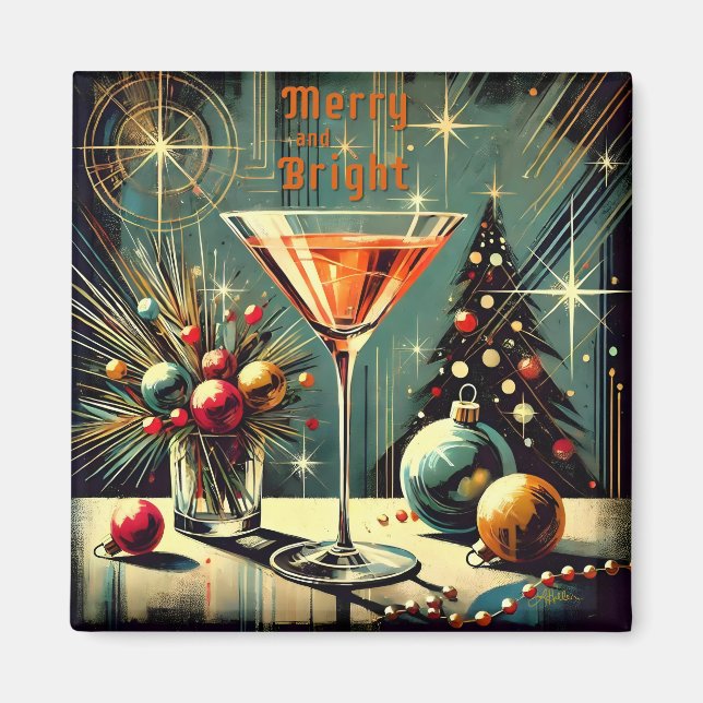 Imã Retro anos 50 Merry & Bright Christmas Martini (Frente)