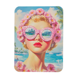 Ímã Retro Beach Girl com óculos de sol florais