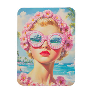 Ímã Retro Beach Girl com óculos de sol florais