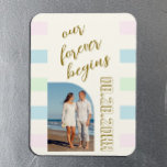Ímã Retro Cabana Stripes Wedding<br><div class="desc">Nossos seres eternos! Listras de cabana cor-de-rosa,  verdes e azuis,  com tons beges e castanhos para um casamento de verão,  praia ou destino. Modelo de foto via Pixabay licenciado sob CC0 e deve ser substituído por sua própria foto</div>