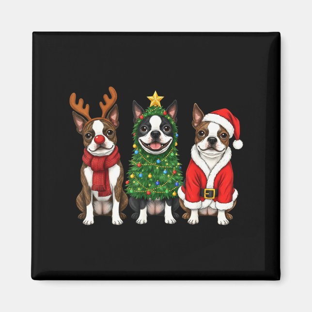Imã Retro Christmas Boston Terrier Santa Reindeer Dog  (Frente)