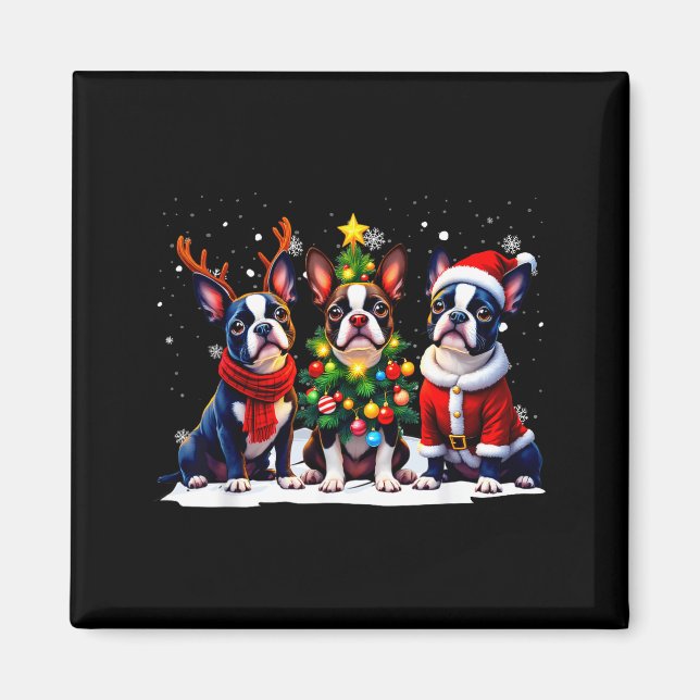 Imã Retro Christmas Boston Terrier Santa Reindeer Dog  (Frente)