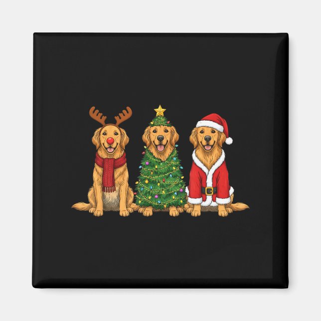 Imã Retro Christmas Golden Retriever Santa Reindeer Do (Frente)