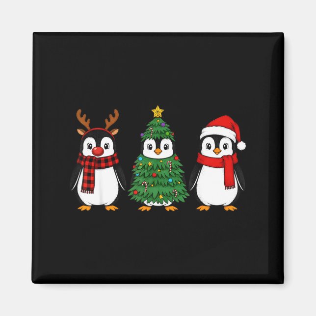 Imã Retro Christmas Penguin Santa Reindeer  (Frente)
