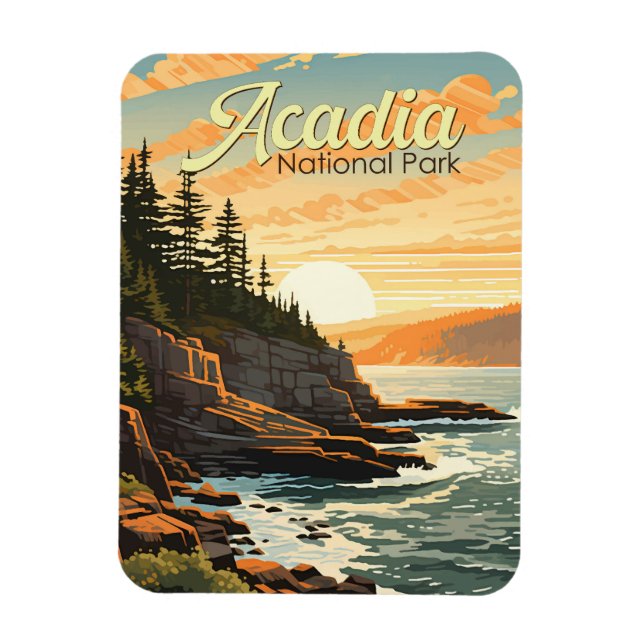 Ímã Retro de Ilustração do Parque Nacional Acadia (Vertical)