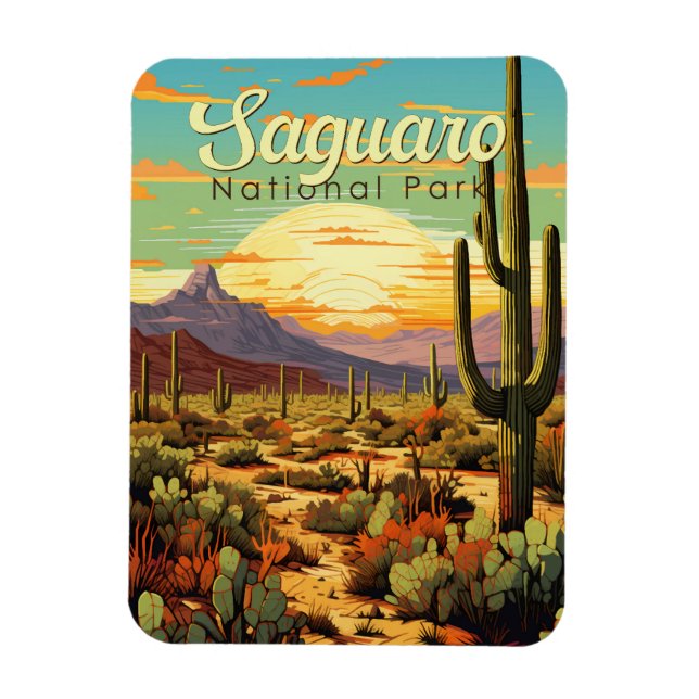 Ímã Retro de Ilustração do Parque Nacional do Saguaro (Vertical)