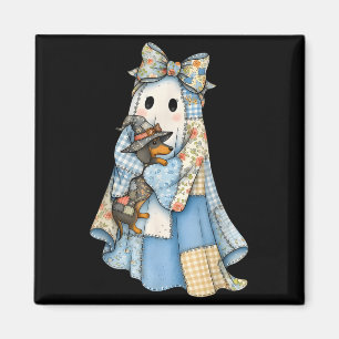 Imã Retro Halloween Azul Denim Fantasma Dachshund Engr