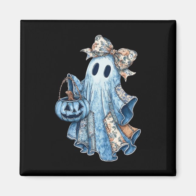 Imã Retro Halloween Blue Denim Ghost Spooky Ghost Ghos (Frente)