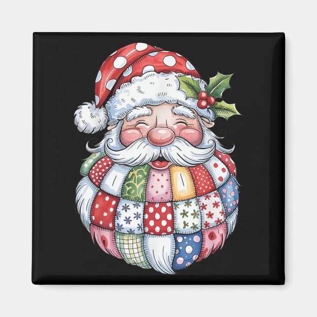 Imã Retro Patchwork Santa Claus Feliz de Natal (Frente)