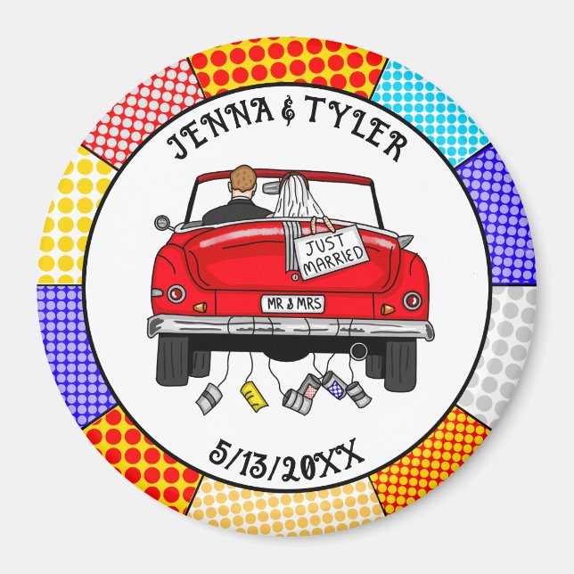 Imã Retro Pop Art Sr. & Sra. | Acabou de casar (Frente)