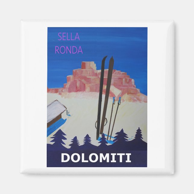 Imã Retro Poster Dolomés Itália em Sella Ronda (Frente)