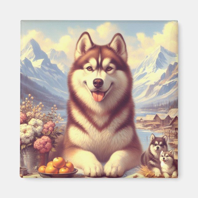 Imã Retro Siberian Husky Pintura (Frente)