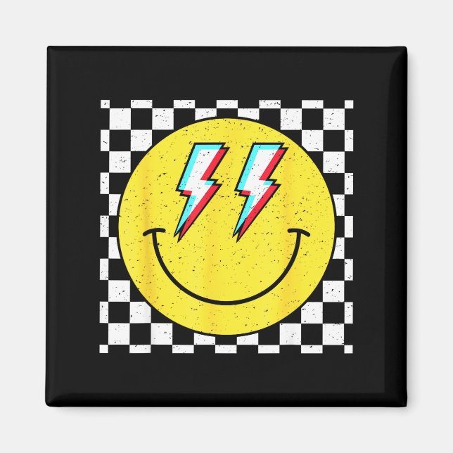 Imã Retro Smile Face Checkered Pattern Preppy Happy Fa (Frente)