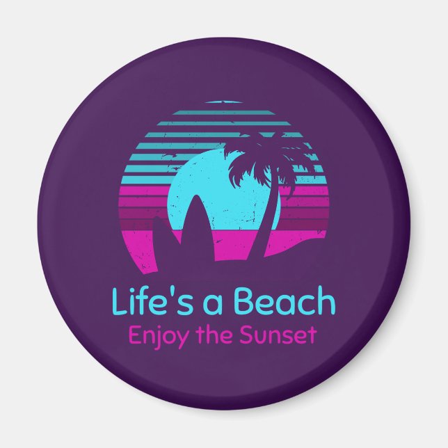 Imã Retro Sunset Surfboard Palm Tree Life's a Beach (Frente)