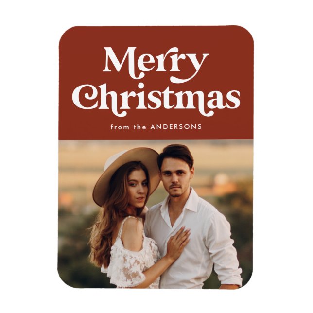 Ímã Retro Typografia Brown Feliz Foto de Natal (Vertical)