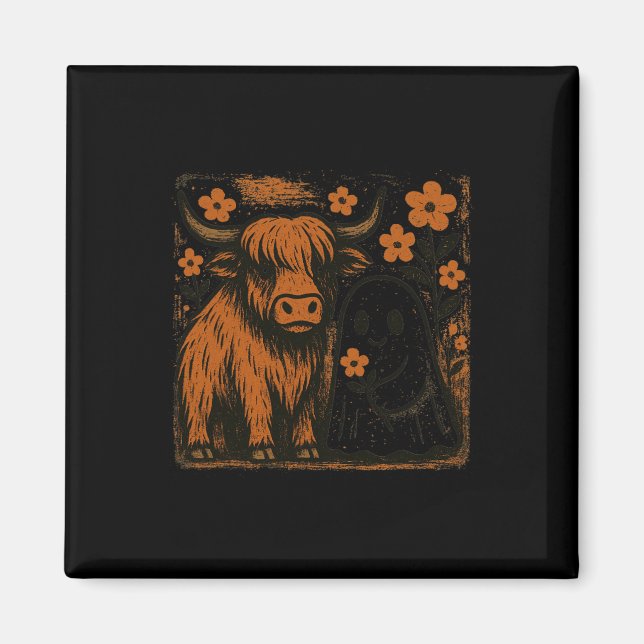 Imã Retro Vaca Halloween Ghost Autumn Fall Floral Outf (Frente)