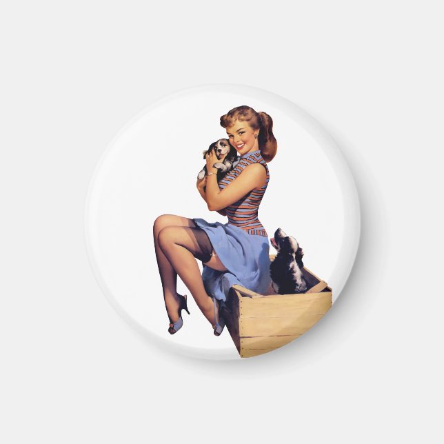 Imã Retro Vintage Brunette Pinup Girl With Puppies (Frente)