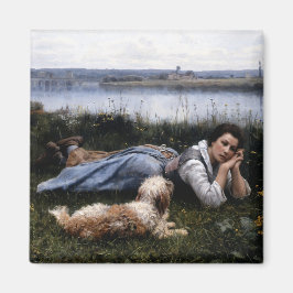 Imã Reverioso (Garota deitada na grama com seu cachorr