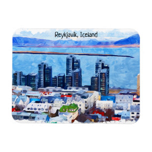 Ímã Reykjavík Islândia City View Watercolor