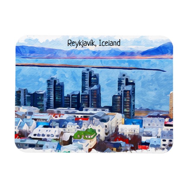Ímã Reykjavík Islândia City View Watercolor (Horizontal)