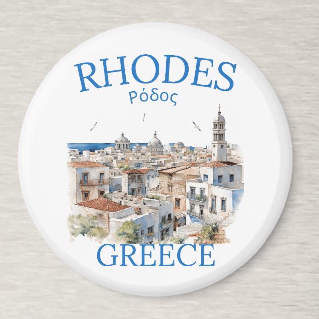 Imã Rhodes Greece Watercolor Landscape – Souvenir (Criador carregado)