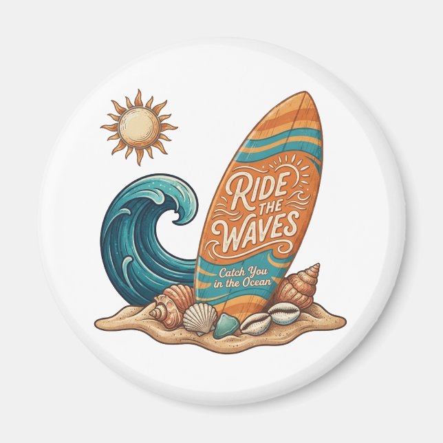 Imã Ride the Waves Surfboard Illustration - Tropical B (Frente)
