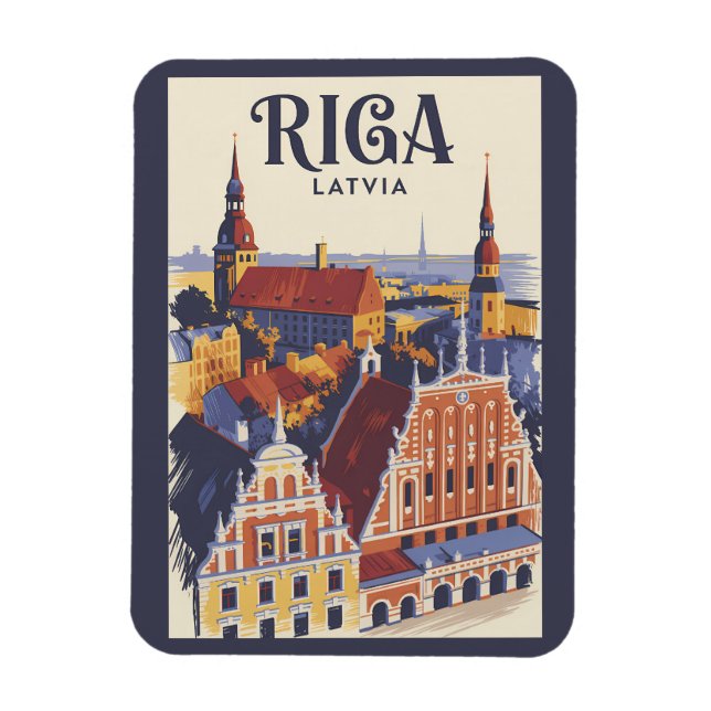 Ímã Riga Latvia Illustration Travel Art Vintage (Vertical)