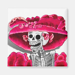 Imã Rindo de Mulher Esqueleta em Red Bonnet