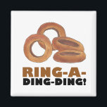 Imã Ring-A-Ding-Ding Onion Ring Rings Junk Food Foodie<br><div class="desc">Features an original illustration of delicious fried golden onion rings, with RING A DING DING in a fun font. Great for your favorite foodie or junk food junkie. Don't see what you're looking for? Need help with customization? Click "rebeccaheartsny" (upper right corner) then "contact this designer" to have something created...</div>